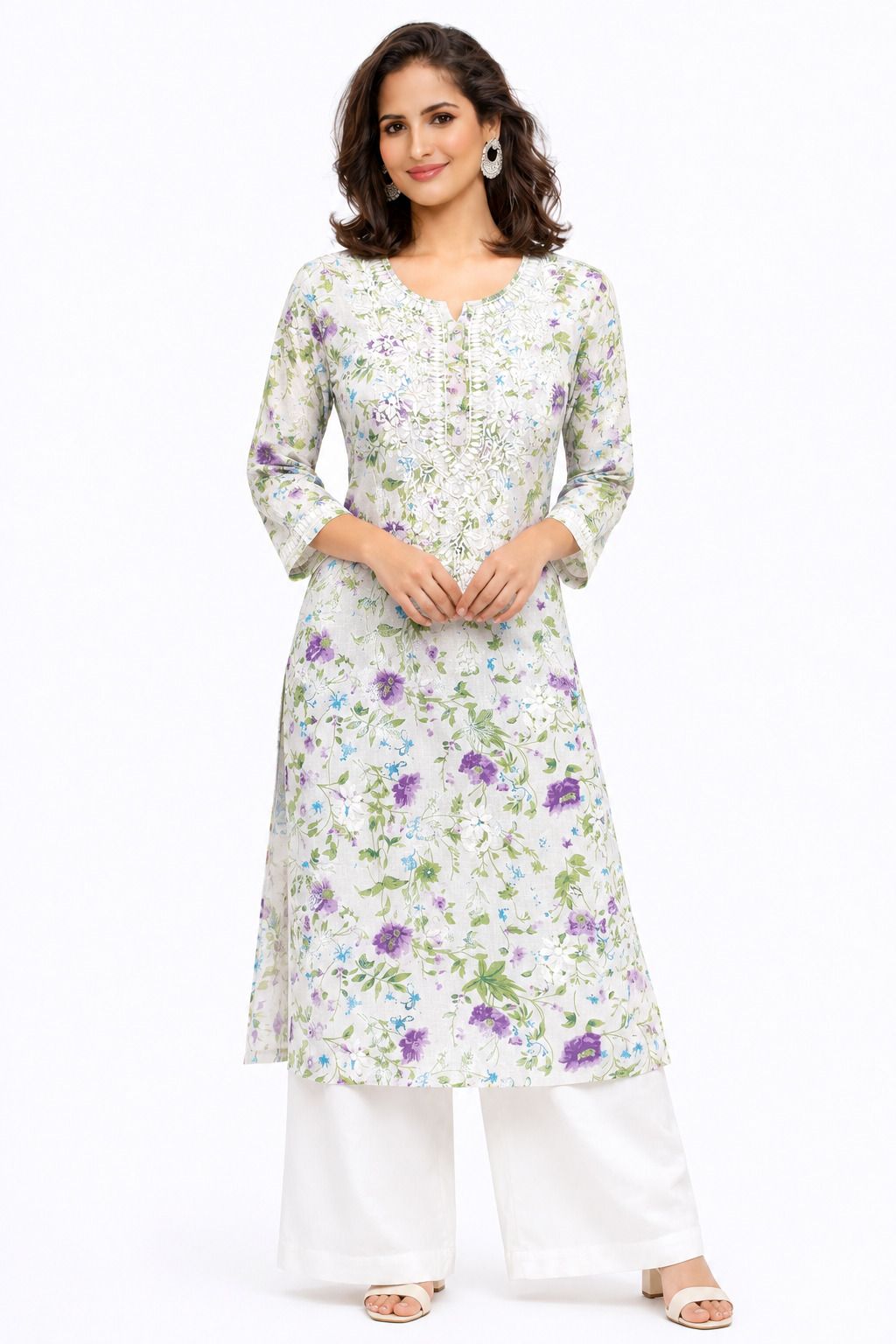 Women’s Printed Soft Cotton Chikankari Kurti with Lucknowi Hand Embroidery | 3/4 Sleeve | 46 Inch Length | Sizes 38-46