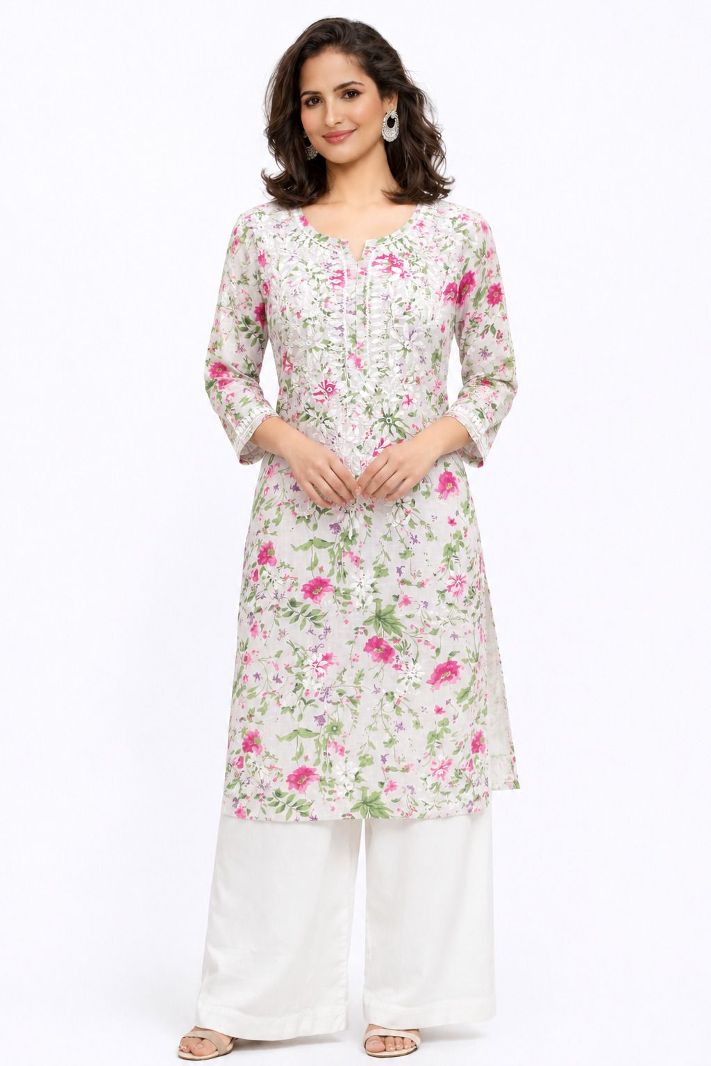 Women’s Printed Soft Cotton Chikankari Kurti with Lucknowi Hand Embroidery | 3/4 Sleeve | 46 Inch Length | Sizes 38-46