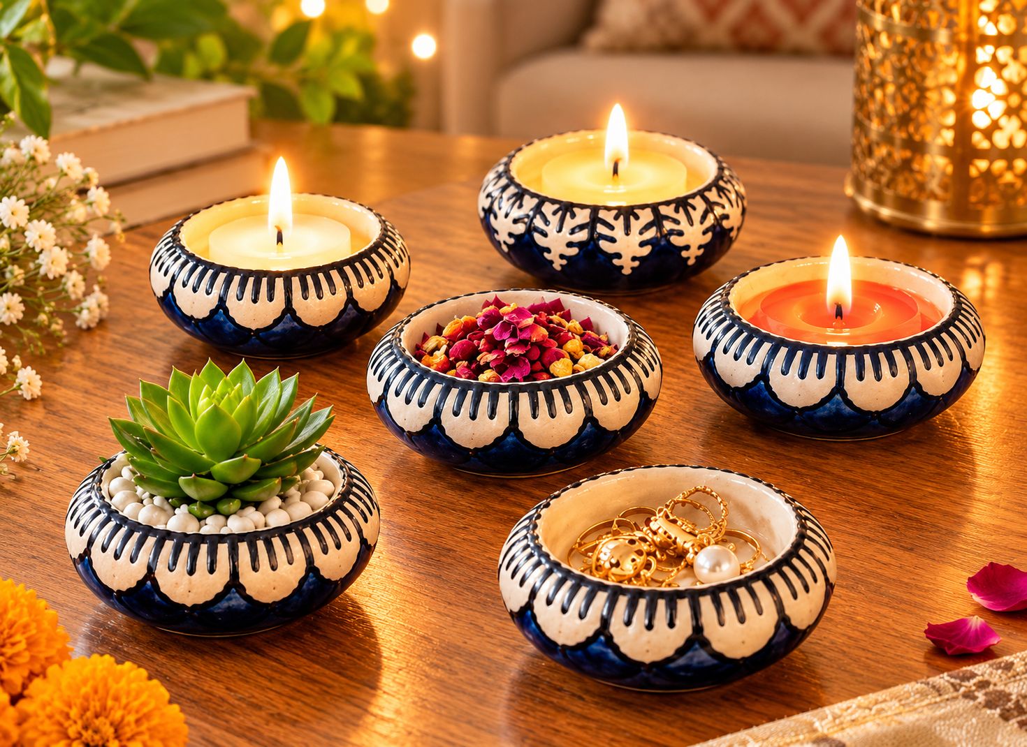 DHRUVINSRI Handmade Ceramic Diya & Tealight HolderI Reusable, Ecofriendly  | Decorative Multi-Purpose Festive Home Decor-6 Pc