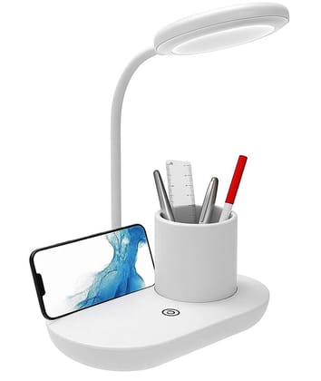 LED Desk Lamp 3-in-1 with Pen Holder & Phone Stand Dimmable Touch Control Study Lamp for Students, Office, and Home Flexible Gooseneck, USB Rechargeable, Eye-Caring Light (White)