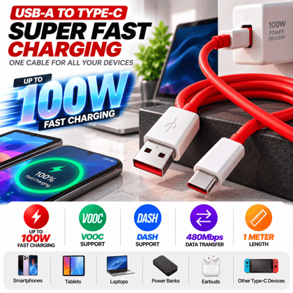 100W Fast Charging USB-A to Type-C Cable with VOOC/DASH Support - 1M, Red 100W Fast Charging USB-A to Type-C Cable with VOOC/DASH Support - 1M, Red