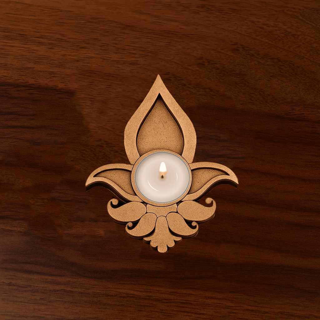 Dbeautify's Pallavam MDF T-Light Holder – Flame Shaped Stand for Diwali & Pooja Decor