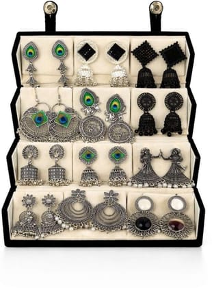 12 Pairs Oxidized Silver Jhumka & Dangle Earring Set with Velvet Box 12 Pairs Oxidized Silver Jhumka & Dangle Earring Set with Velvet Box