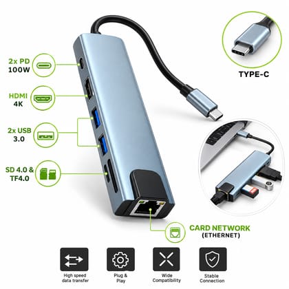 8-in-1 USB C Hub Multiport Adapter with 4K HDMI, 100W PD, 2 USB 3.0, SD/TF Card Reader & Gigabit Ethernet for Laptop, MacBook & Type-C Devices
