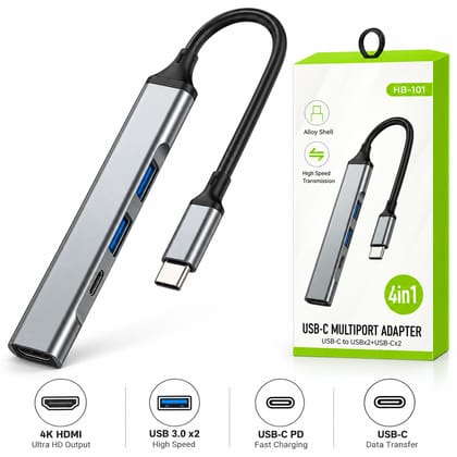 USB C Hub 4 in 1 Multiport Adapter | USB C to HDMI 4K, 2× USB 3.0, USB C PD Fast Charging Hub | Type C Adapter for Laptop, MacBook, Tablet & Smartphone