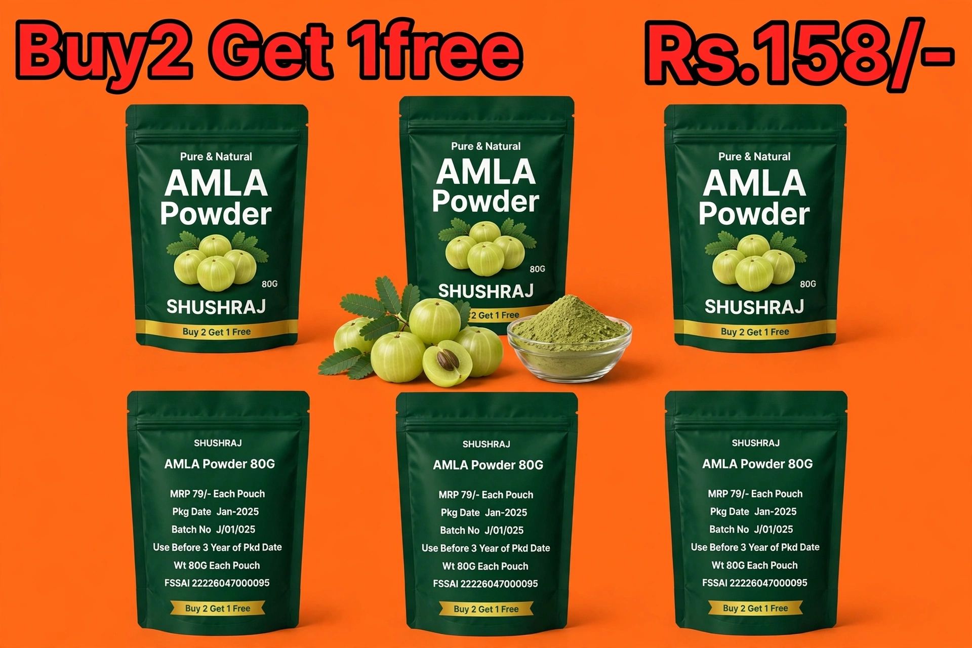 SHUSHRAJ Pure & Natural Amla Powder (80g) - Rich in Vitamin C for Daily Wellness, Immunity & Health Drink | Festival Special: Buy 2 Get 1 Free  