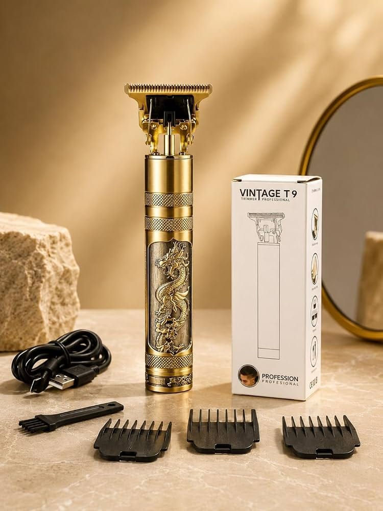 Vintage T9 Professional Hair Trimmer, Cordless Adjustable T-Blade, Rechargeable with 4 Guide Combs, 180 Minutes Runtime