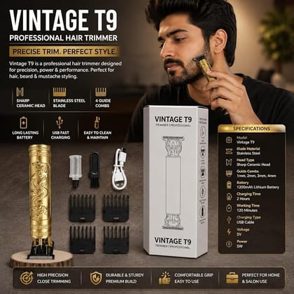 T9 Vintage Professional Hair Trimmer For Men –Golden Body,Cordless,4 Guide Combs,USB Rechargeable