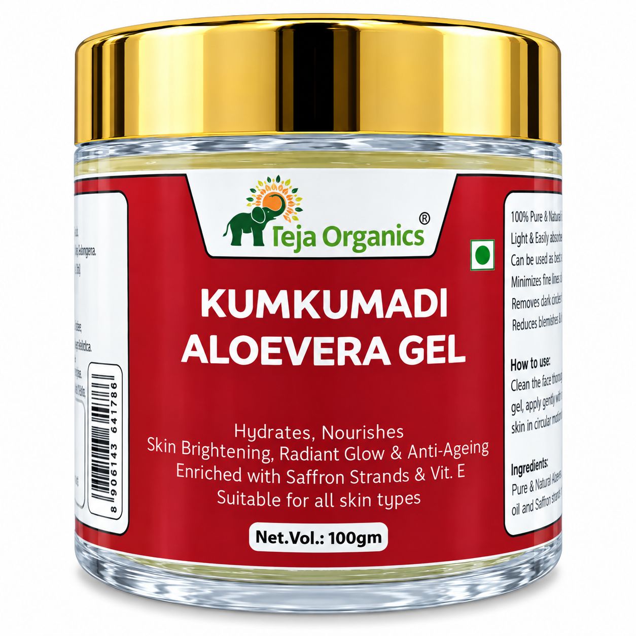 Kumkumadi Aloe Vera Gel 100 gm | Enriched with Saffron | Skin Brightening, Anti-Ageing, Pigmentation Care | Hydrating Face  | No Parabens, No Sulphates