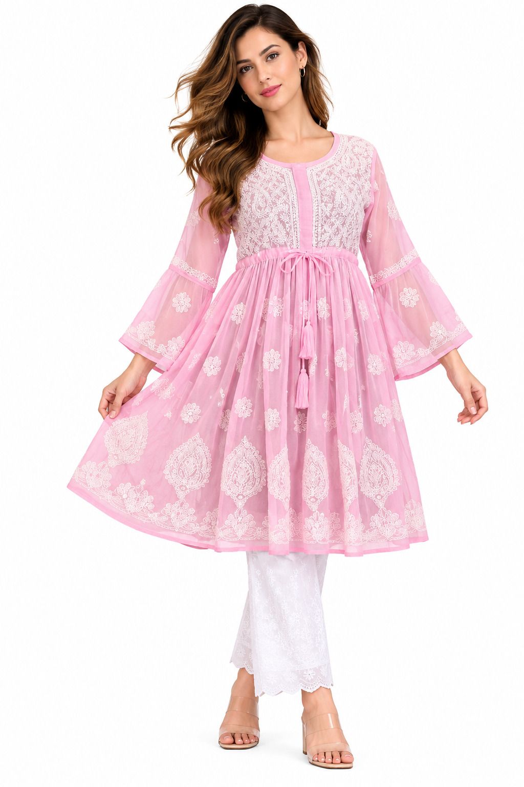 Mrs Right Women’s Short Georgette Gown Frock with Handcrafted Lucknowi Chikankari Embroidery | Umbrella Sleeves | Adjustable Waist Belt | Thigh Length