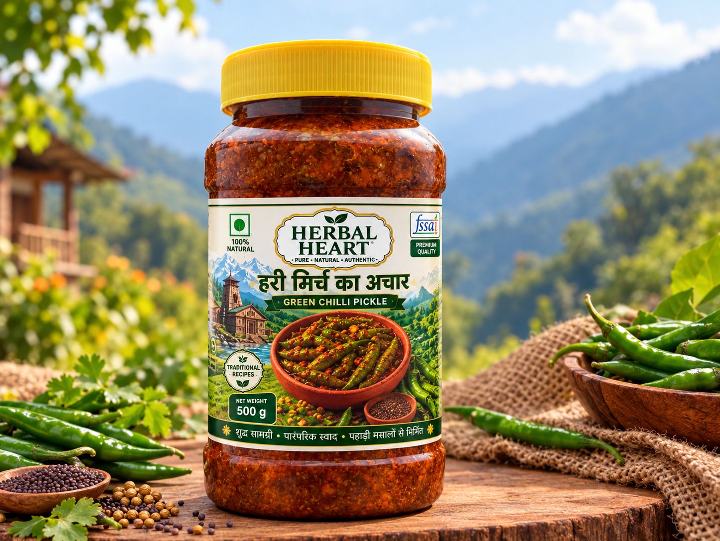 Herbal Heart Traditional Green Chilli Pickle – 500 g | Spicy & Authentic Indian Pickle