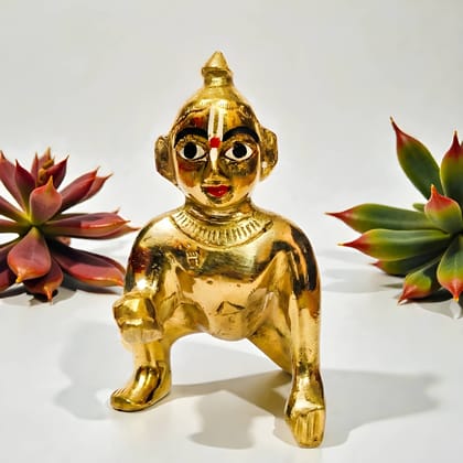 WUGO Laddu Gopal Pure Brass Idol | Petal Design Murti of Laddu Gopal Ji, Bal Gopal Ji & Thakur Ji | Traditional Brass Krishna Murti for Home Temple, Pooja Room & Mandir