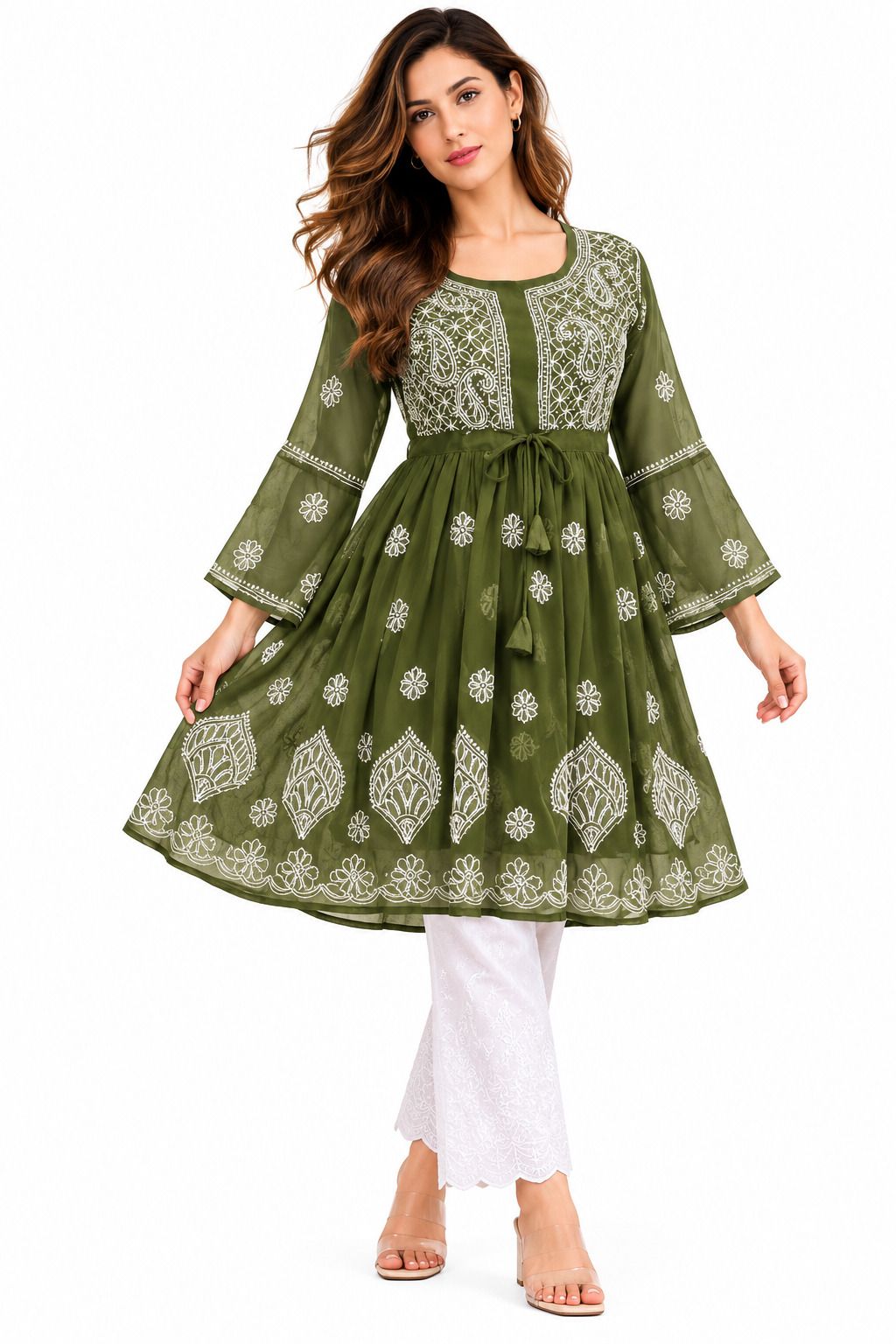 Mrs Right Women’s Short Georgette Gown Frock with Handcrafted Lucknowi Chikankari Embroidery | Umbrella Sleeves | Adjustable Waist Belt | Thigh Length