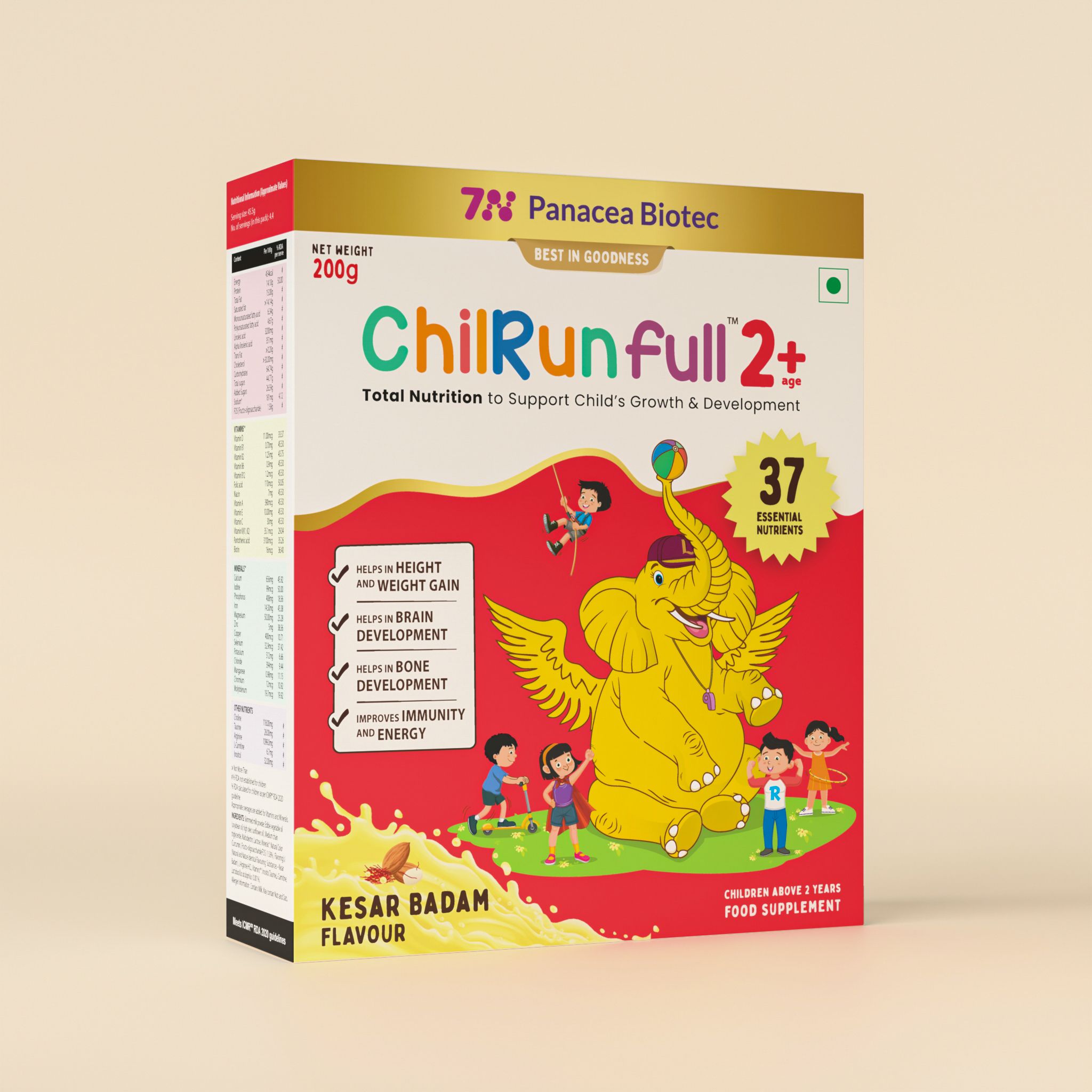 ChilRun Full 2+, Health and Nutrition Drink, Kesar Badam 200g, Box. Total Nutrition For Children’s Growth, Supports Weight & Height Gain, Immune Function & Brain Development.