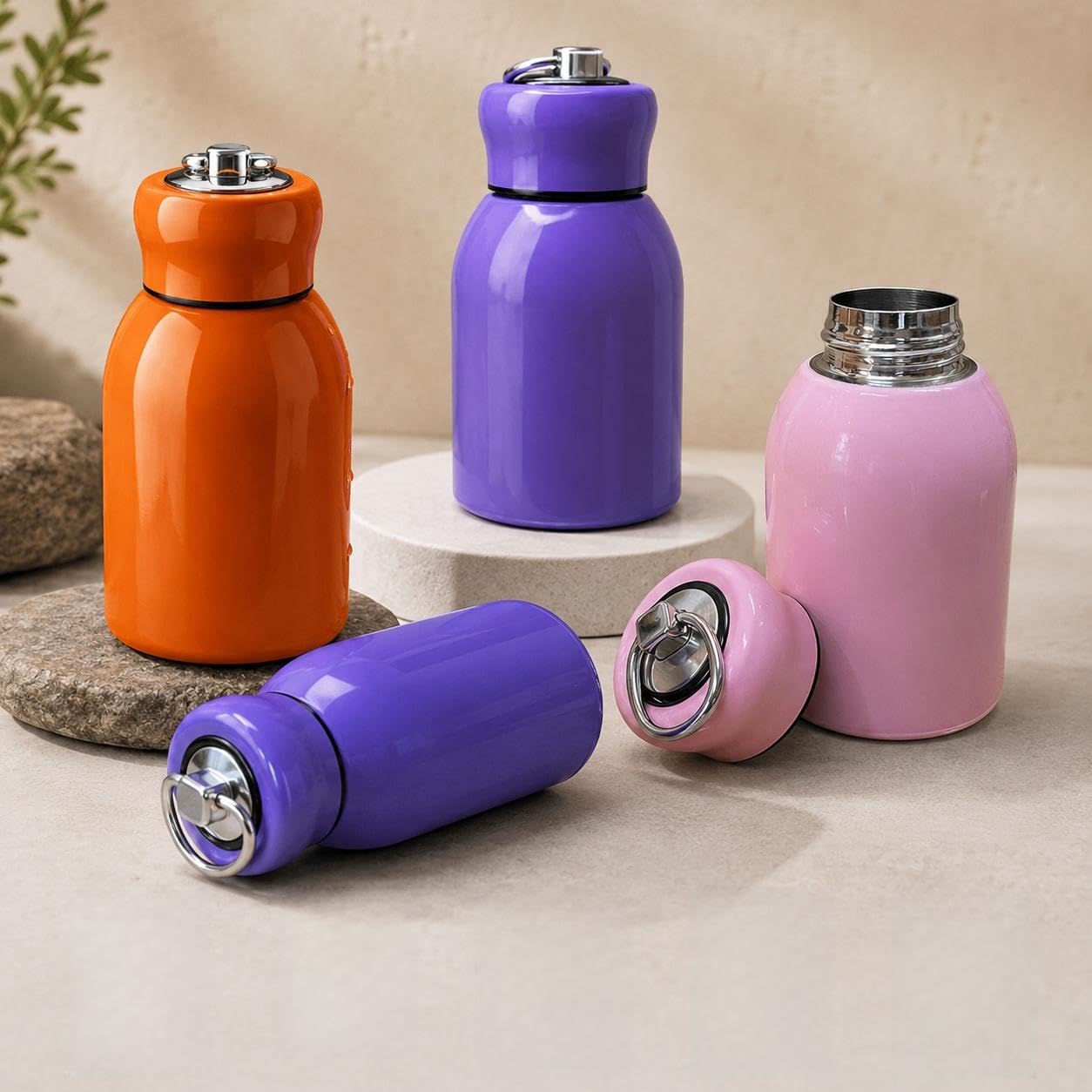 Mini Stainless Steel Vacuum Insulated Bottle, Small Water Flask with Cap and Ring