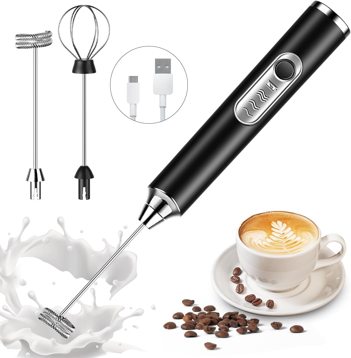Rechargeable Handheld Electric Milk Frother and Egg Beater with 2 Whisks