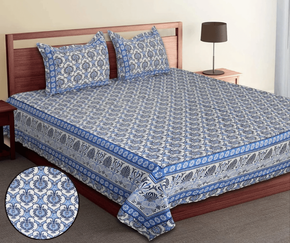 Pure Cotton Hand Block Print King Bedsheet Set, Bedcover, Bedspread, Jambo Size | 120x120" Bedspread with 2 Pillow Covers | DHRUVINSRI