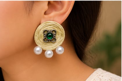 Handmade Cream Rope Earrings with Green Centre & Pearl Beads