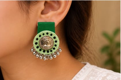 Handmade Green Fabric Earrings with Coin Centre & Silver Bead Work