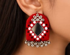Handmade Red Mirror Work Earrings with Diamond Mirror & Bead Detailing