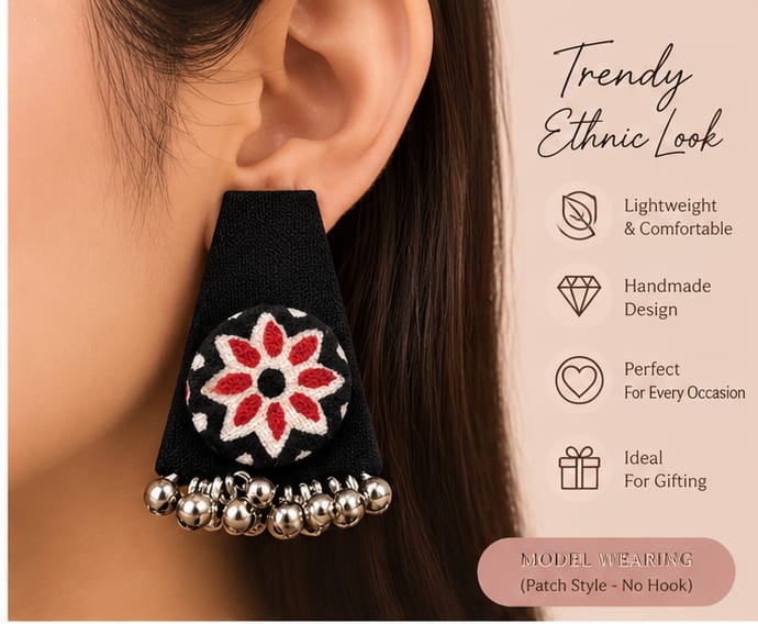 Black Fabric Floral Patch Earrings for Women | Handmade Ethnic Design