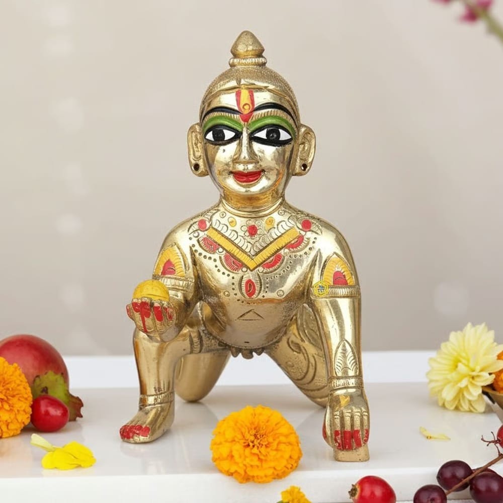 WUGO Big Size Laddu Gopal Pure Brass Idol | Petal Design Murti of Laddu Gopal Ji, Bal Gopal Ji & Thakur Ji | Traditional Brass Krishna Murti for Home Temple, Pooja Room & Mandir