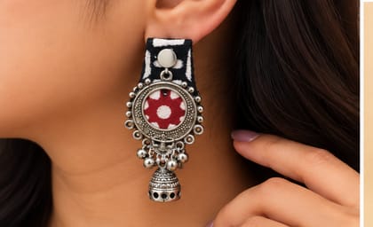 Black & Red Handmade Fabric Jhumka Earrings | Traditional Ethnic Design