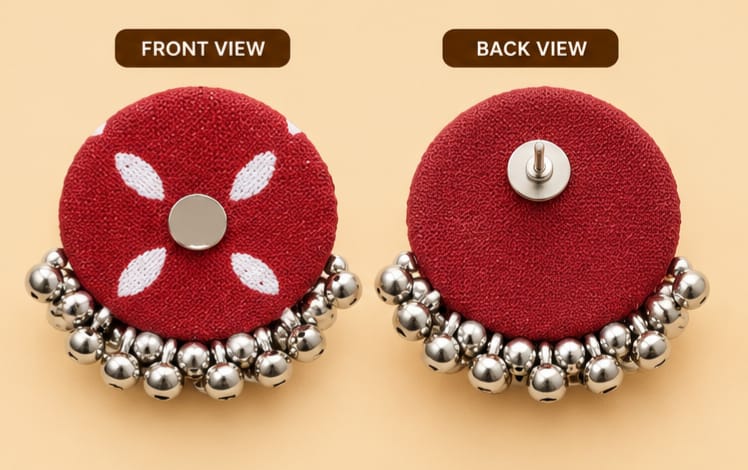 Red Handmade Fabric Earrings for Women | Round Floral Design with Silver Beads