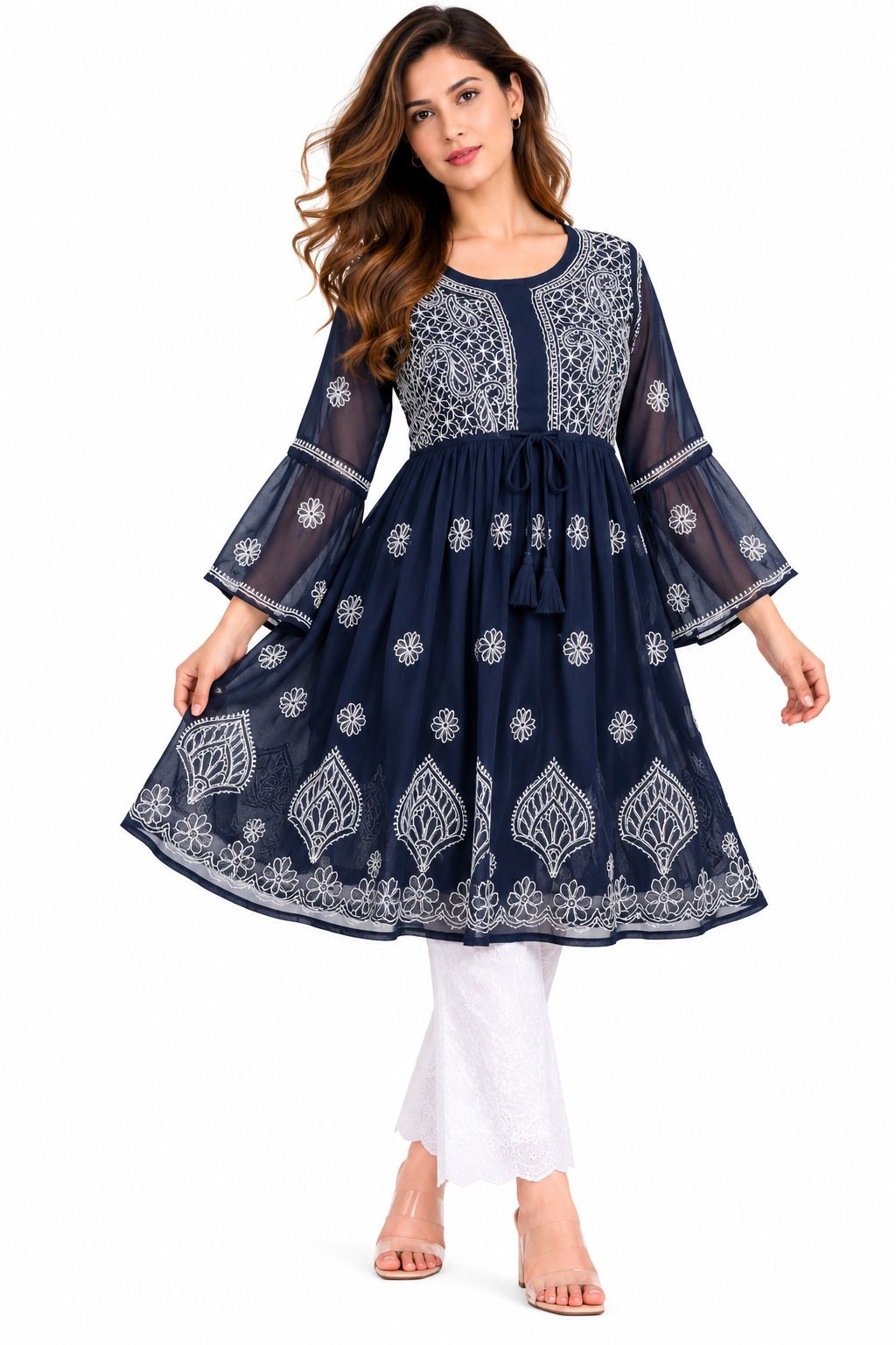 Mrs Right Women’s Short Georgette Gown Frock with Handcrafted Lucknowi Chikankari Embroidery | Umbrella Sleeves | Adjustable Waist Belt | Thigh Length