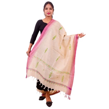 TRIBES INDIA Handwoven Dupatta - Cream with Pink Border