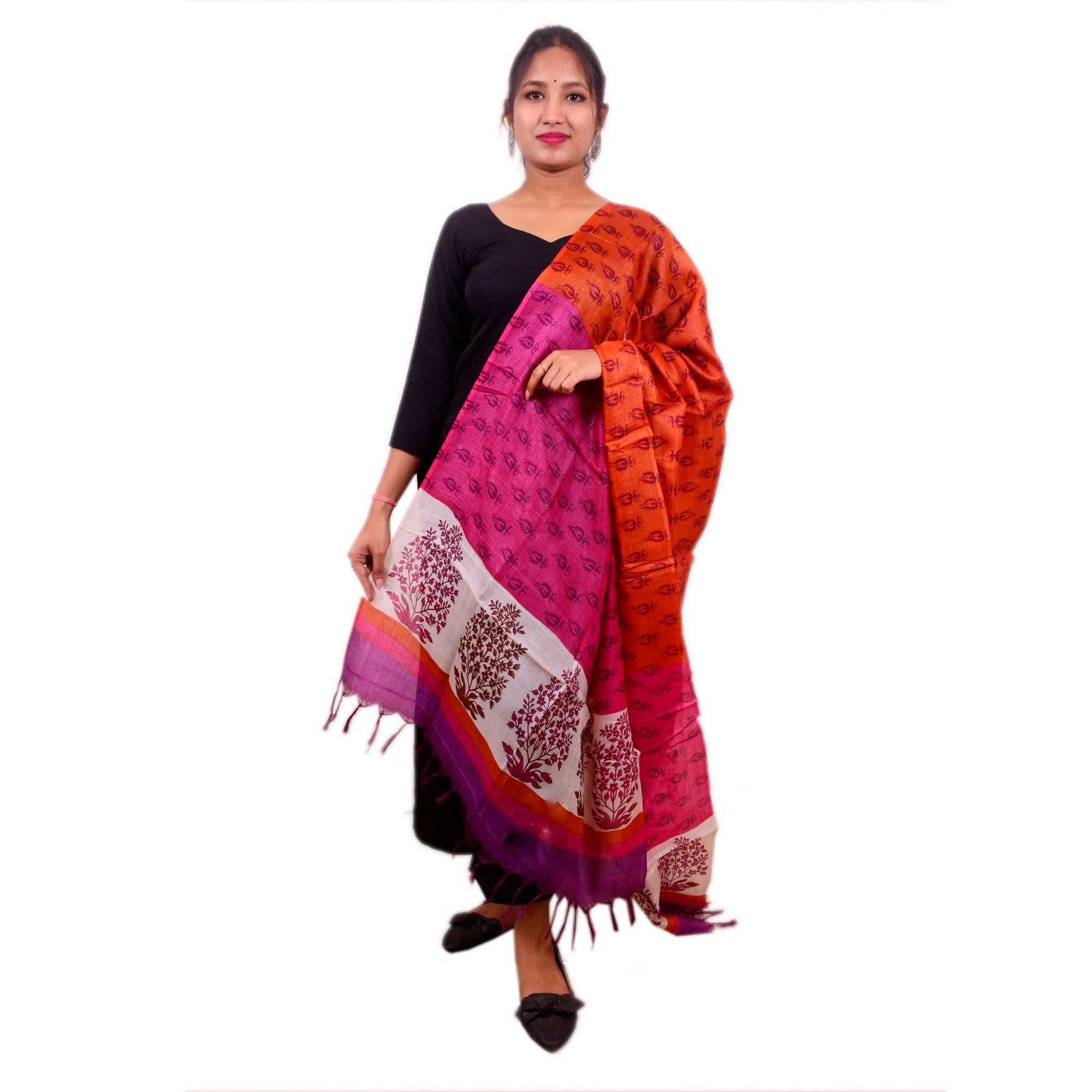 Tribes India Women's Multicolor Hand Block Printed Pure Tusser Dupatta
