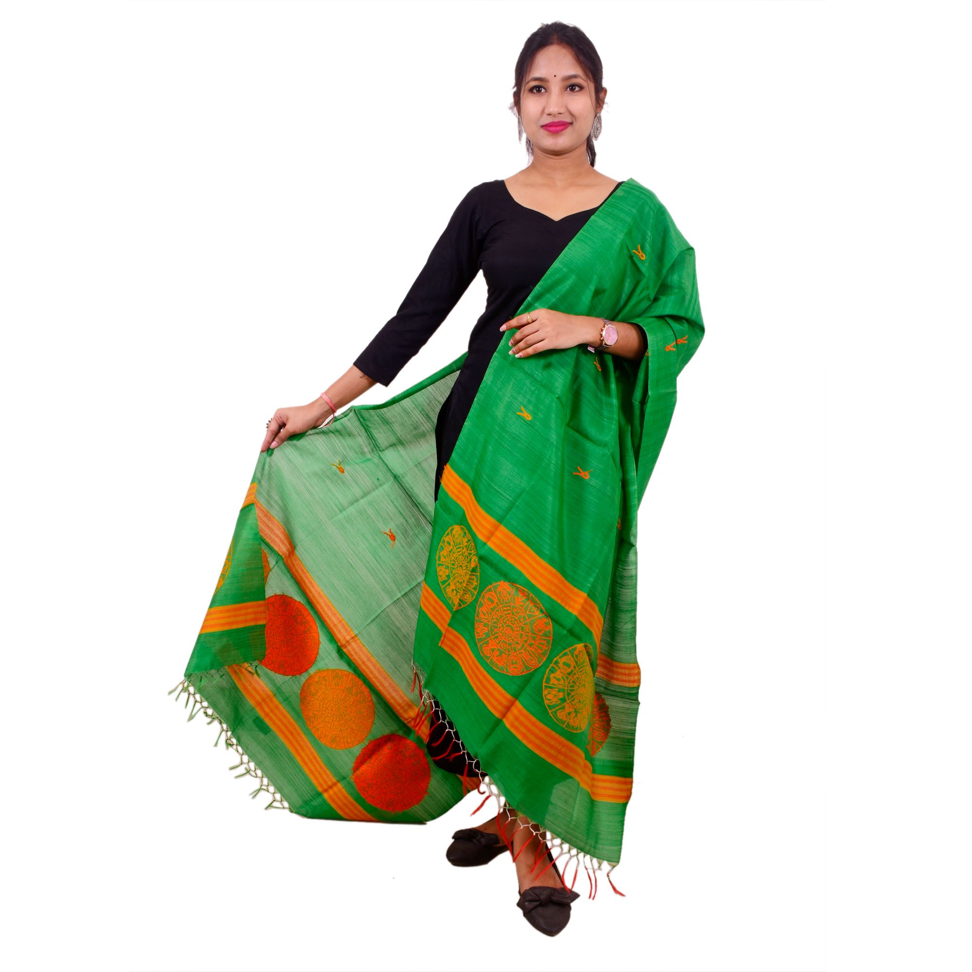 Tribes India Women's Green Cotton Silk Dupatta with Zodiac Sign Embroidery