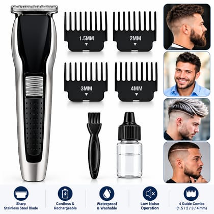 Professional Cordless Hair Trimmer for Men with 4 Guide Combs, Cleaning Brush and Charging Cable, Black & Silver
