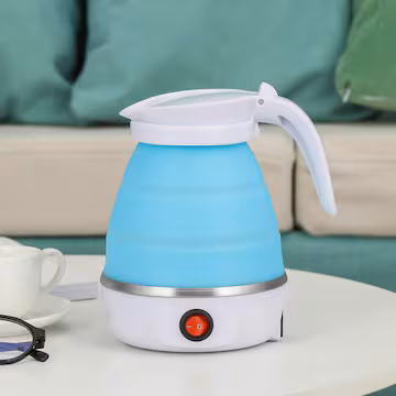 Blue and White Silicone Electric Kettle, Foldable Portable Travel Water Boiler for Home and Office
