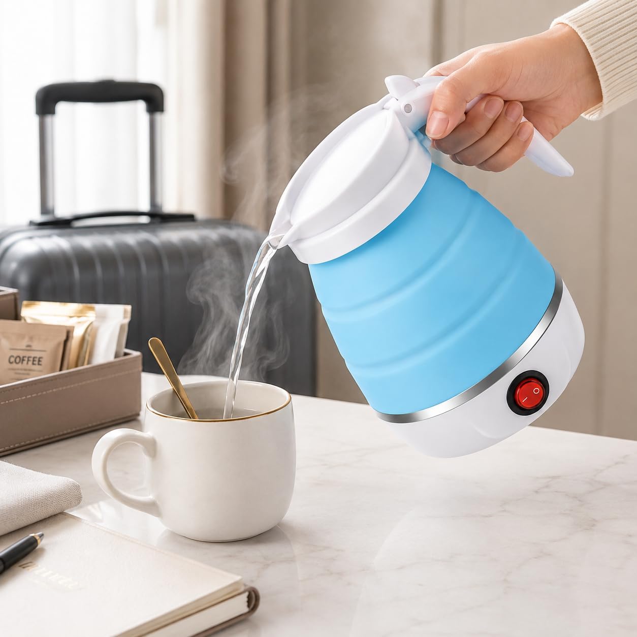 Blue and White Silicone Electric Kettle, Foldable Portable Travel Water Boiler for Home and Office