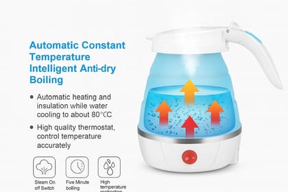 Blue and White Silicone Electric Kettle, Foldable Portable Travel Water Boiler for Home and Office