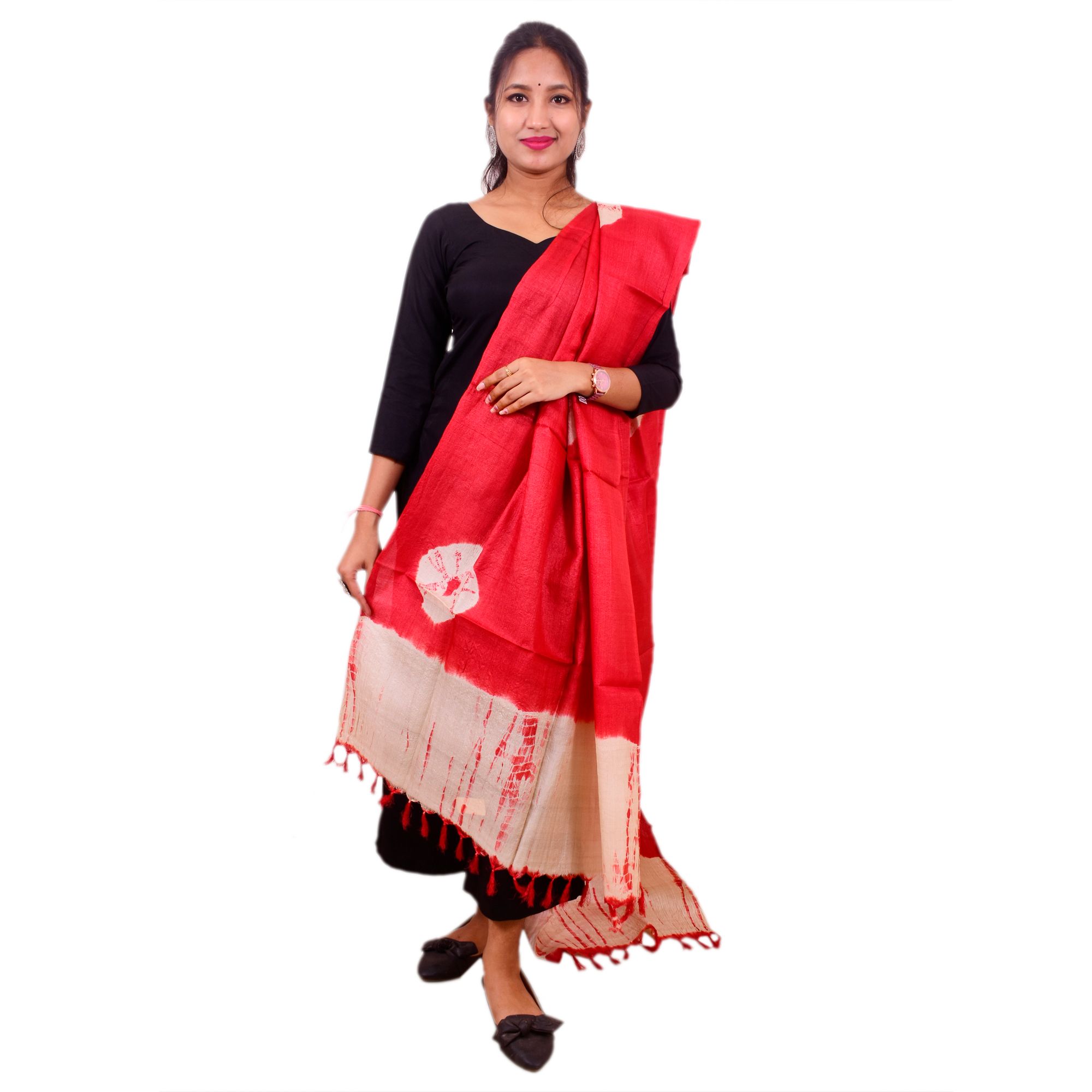 Tribes India Red Shibori Tussar Silk Dupatta Stole