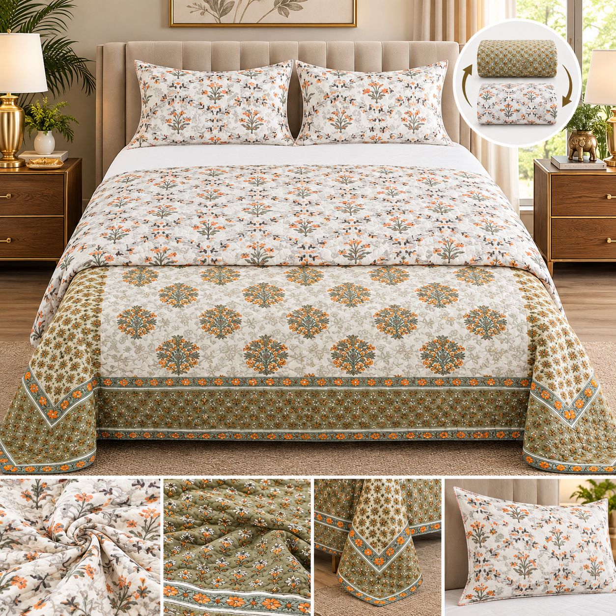 DHRUVINSRI Jaipur Hand Block Print AC Dohar Quilt 93×108 Inch, Revirsible , Cotton Mulmul– Traditional Indian Cotton Bed Cover, 1 Piece