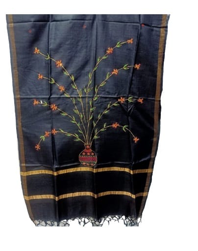 Tribes India Saura Hand Painted Tussar Silk Dupatta, Black with Gold Borders