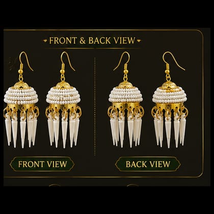 Handmade White Beaded Jhumka Earrings for Women | Gold-Tone Traditional Dangling Design