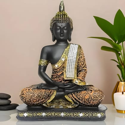 Polyresin Sitting Buddha Idol Statue Showpiece for Home Decor, Gold & Black Decorative Buddha Figurine for Living Room, Bedroom, Office, Meditation Space and Table Decoration 1 Piece