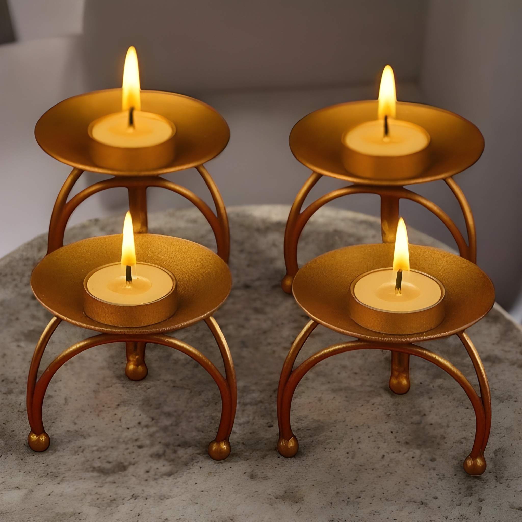 Heavy Duty Metals Pack of 4 Golden Metal Tealight Candle Holders for Home Decoration | Gold Finish Candle Stand Set for Diwali, Navratri, Pooja, Weddings & Festive Decor (Original)