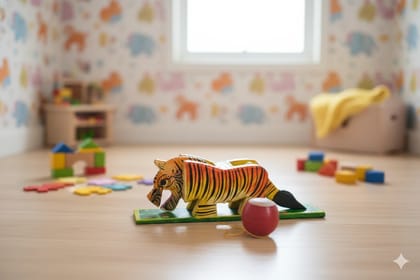 Icrafts Handmade Wooden Yellow Tiger Traditional Wooden Toy Single Piece