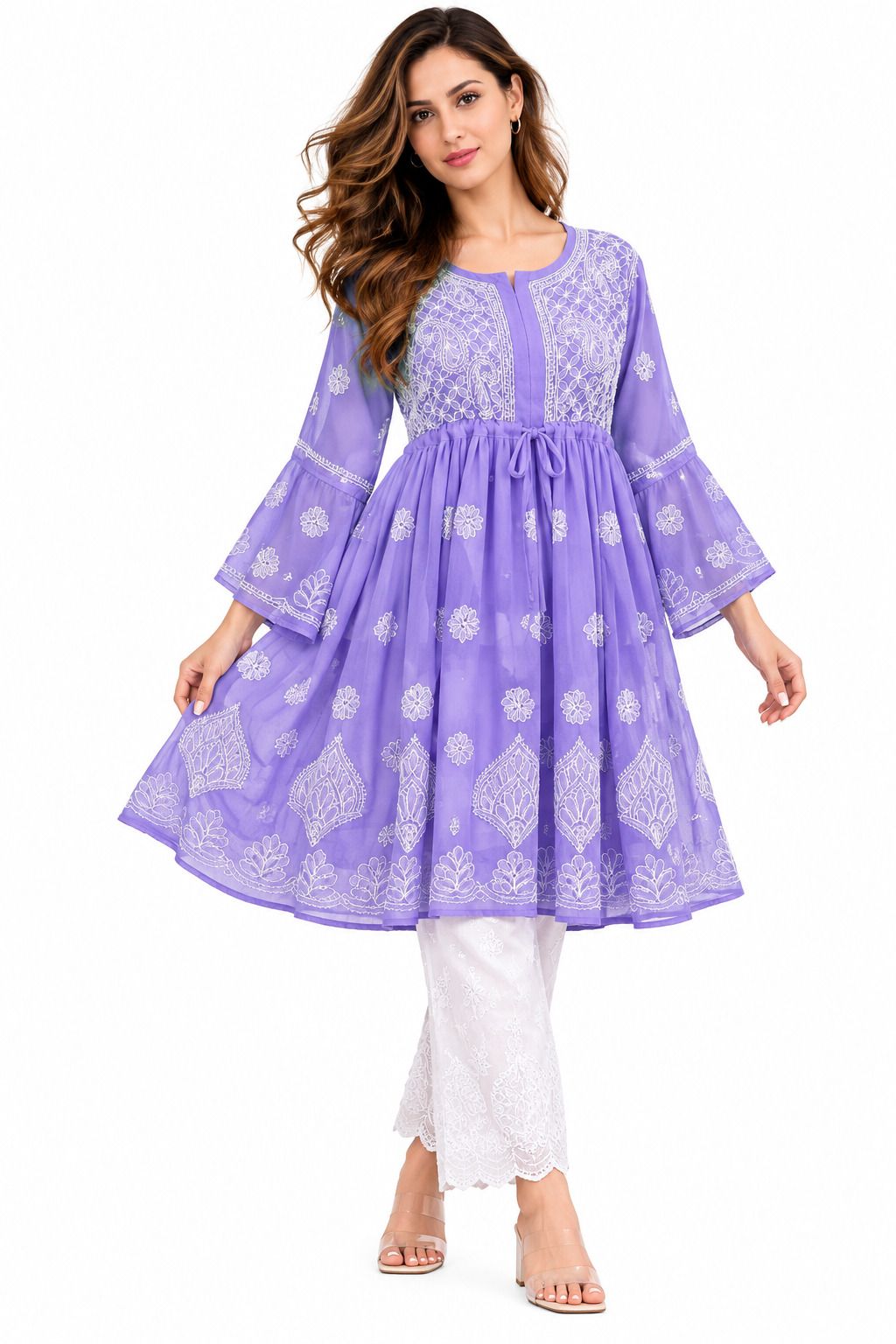 Mrs Right Women’s Short Georgette Gown Frock with Handcrafted Lucknowi Chikankari Work, Umbrella Sleeves & Adjustable Waist Belt, Thigh Length
