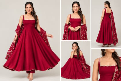 mystore Women's Maroon Flared Anarkali Suit Set with Embroidered Dupatta mystore Women's Maroon Flared Anarkali Suit Set with Embroidered Dupatta