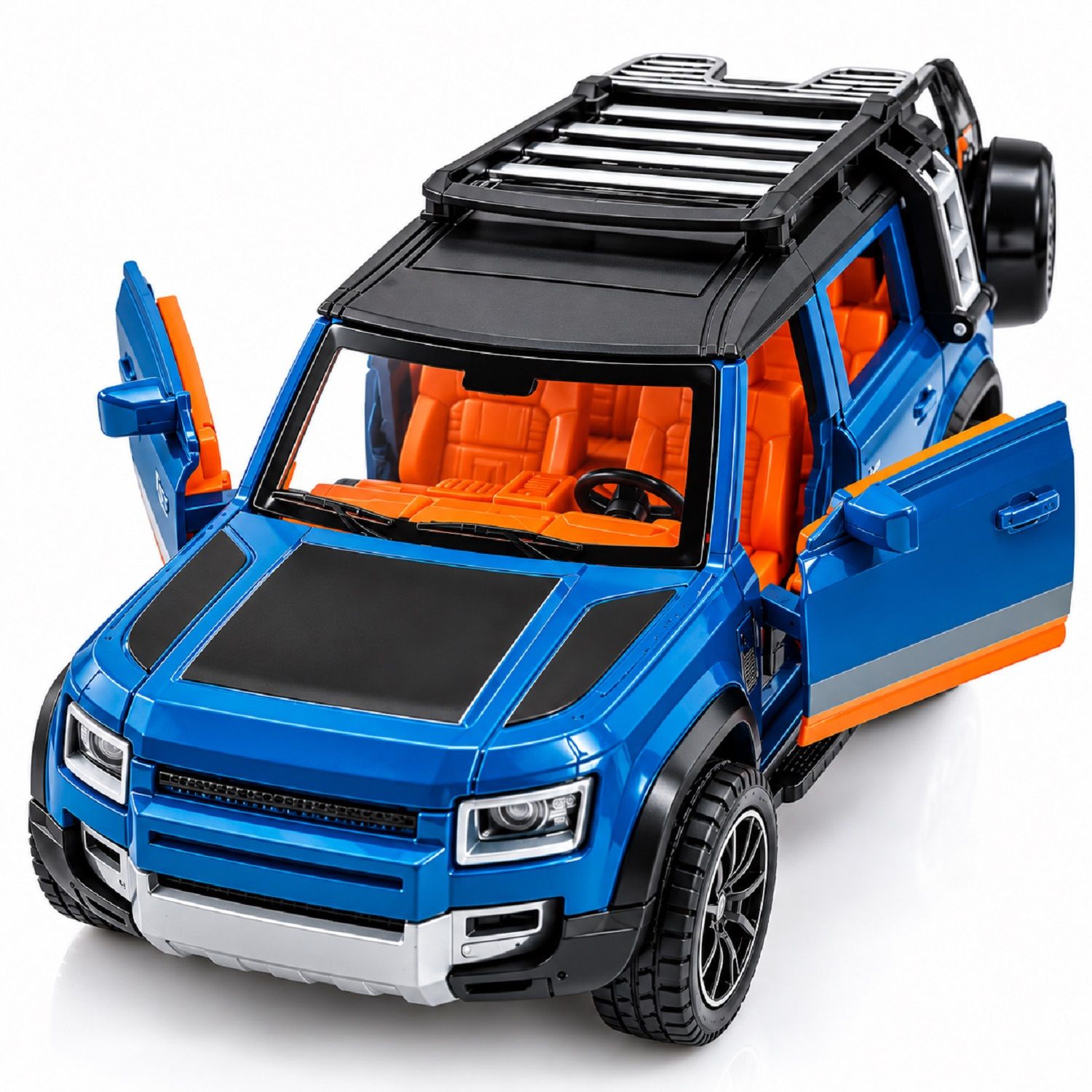 KTRS Enterprise Ange Over Dfender Style Off Road SUV Toy Car 1:32 Scale, Friction Powered Pull Back Car with Opening Doors, Roof Rack, Detailed Interior, Plastic Toy Vehicle for Kids, Multicolour