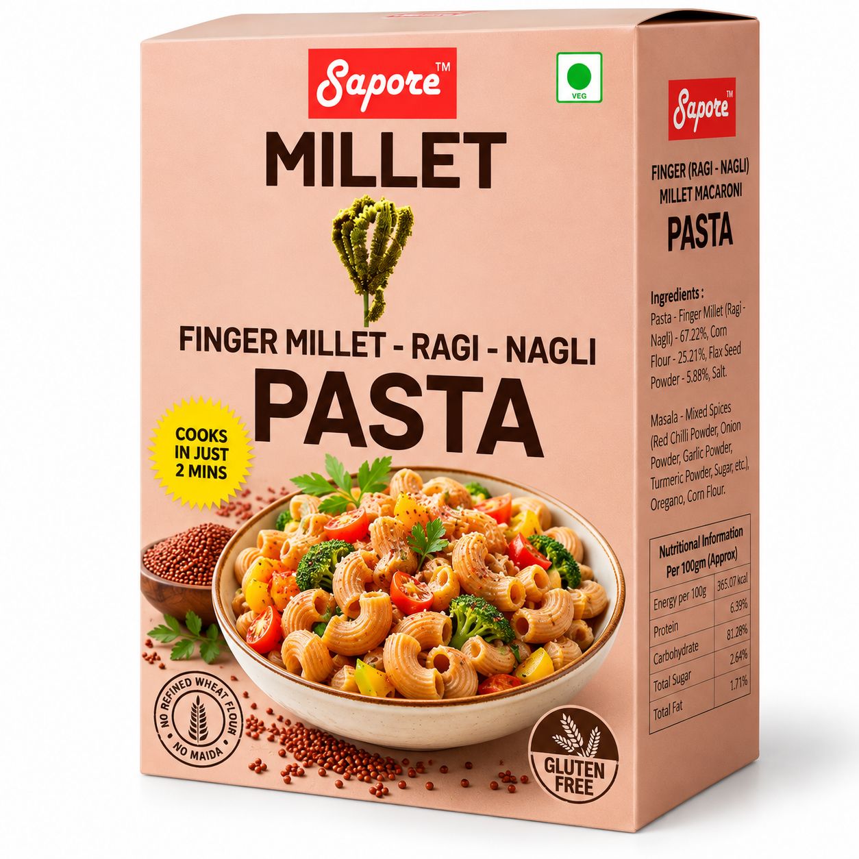Sapore Finger Millet Ragi Nagli Macaroni Pasta | Vegetarian Millet Pasta | Quick-Cooking 2-Minute Pasta | No Maida