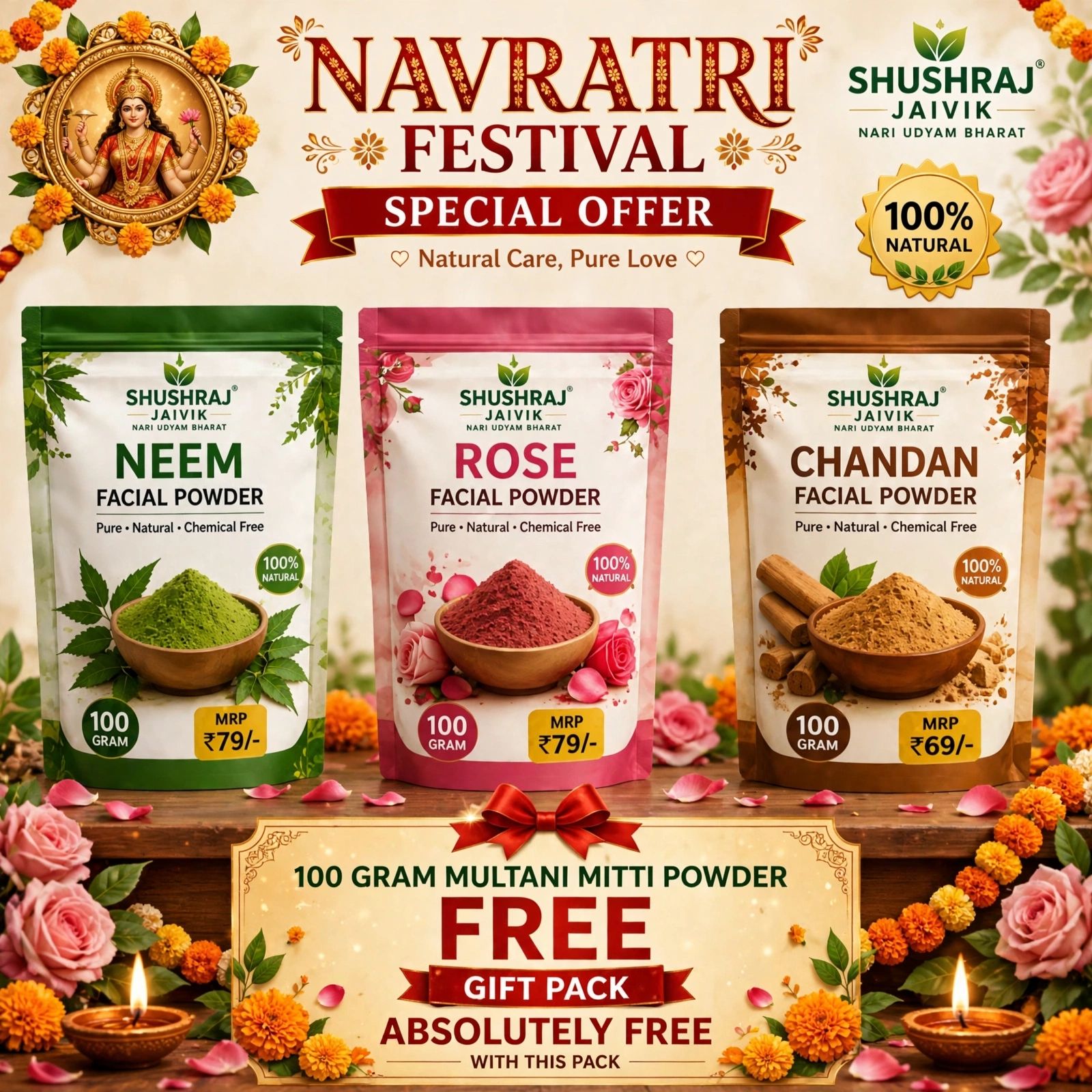 SHUSHRAJ JAIVIK Neem, Rose & Chandan Facial Powder Combo 300G + 100G Multani Mitti FREE Gift - Special Offer