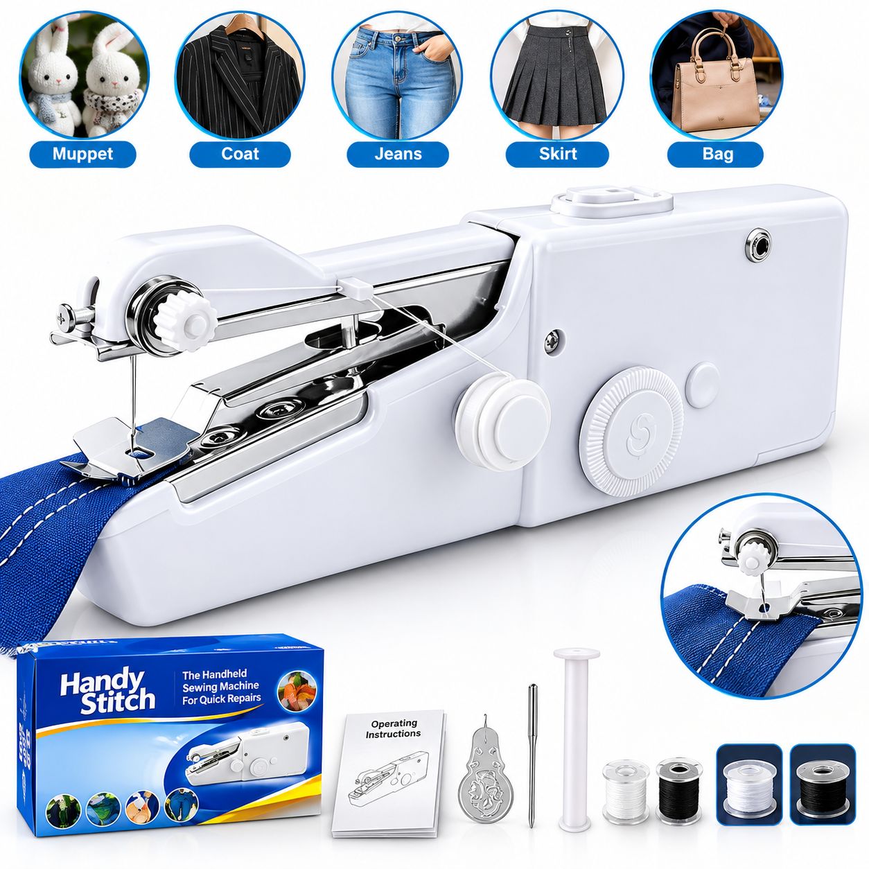 Handy Stitch Mini Handheld Sewing Machine for Home & Travel – Portable Cordless Electric Stitcher Stapler Style Hand Silai Machine for Clothes, Denim, Fabric, DIY Crafts