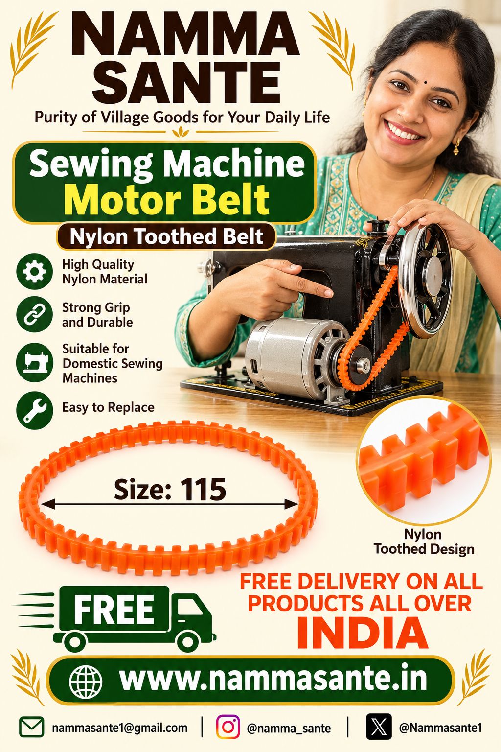 115mm Sewing Machine Motor Belt / Nylon Toothed Belt | Sewing Machine Drive Belt | Tailoring Machine Belt | Nylon Gear Belt
